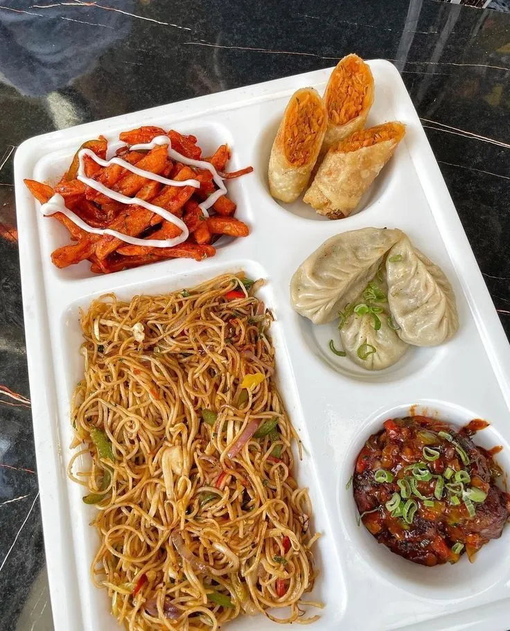 Veg Chowmein, Veg Fried Spring Roll, Chilli Potato, Chilli Kobi & Panner Momos (3pcs momos)